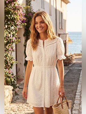 ba&sh Beky White Eyelet Mini Dress Puff Sleeve Cotton Embroidered Boho Small NWT